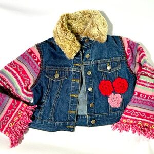 Oilily Girls Pink Denim Jacket Coat 104 4t Fur Trim Patterned